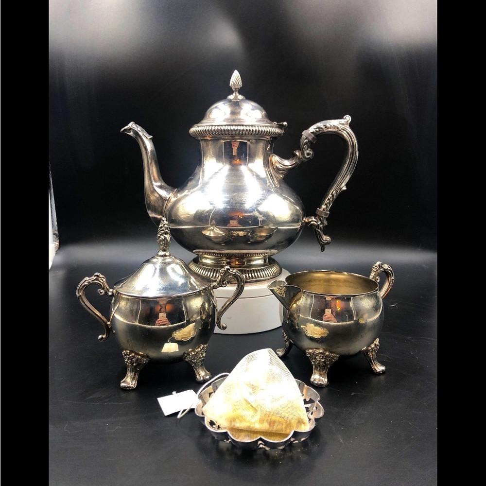 Silverplated EP Brass Teapot With Cream and Sugar.  BW. Silverplated Brass.